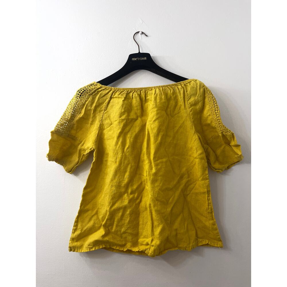 Terzo Millennio Womens Top L - Linen Shirt Crochet Lace Sleeves  Casual - Yellow - Picture 9 of 11